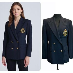 Ralph Lauren navy blue wool double breasted blazer crest logo embroidered emblem